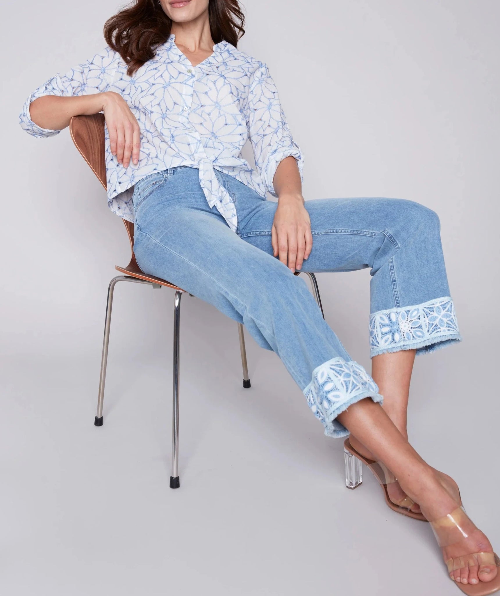 Embroidered Front Tie Cotton Blouse | Sky