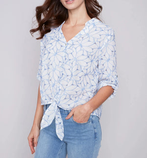 Embroidered Front Tie Cotton Blouse | Sky