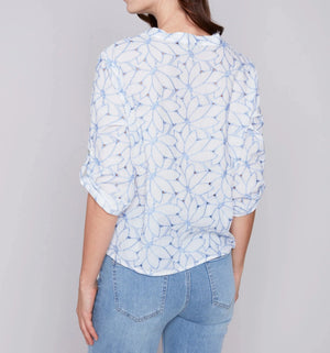 Embroidered Front Tie Cotton Blouse | Sky