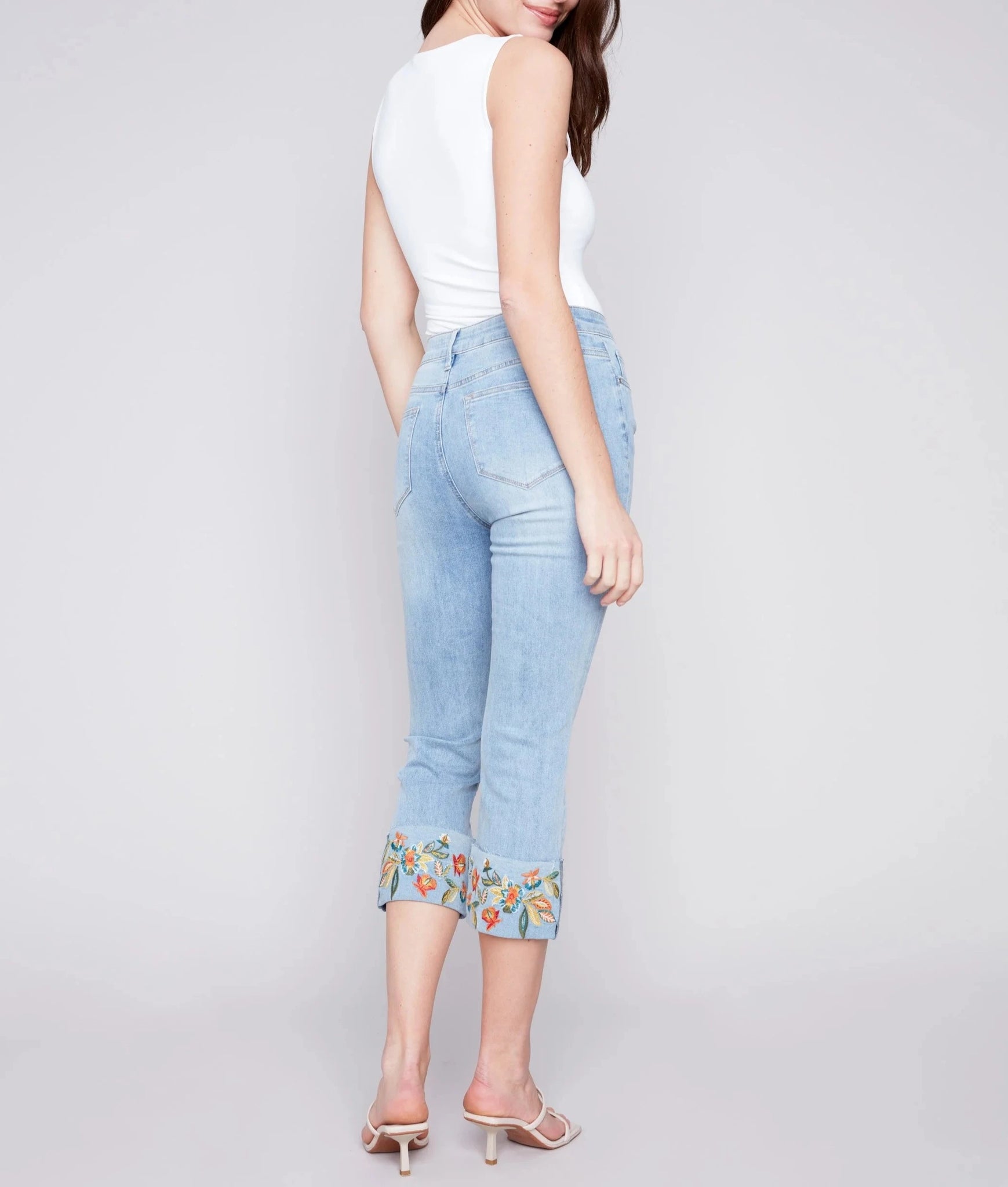 Cropped Jeans with Embroidered Cuff | Light Blue