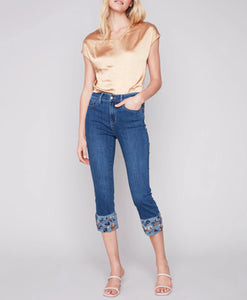 Cropped Jeans with Embroidered Cuff - Indigo