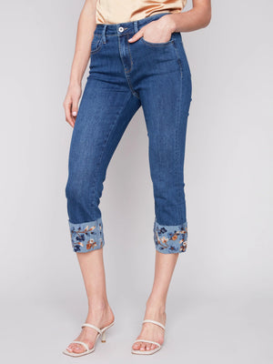 Cropped Jeans with Embroidered Cuff - Indigo