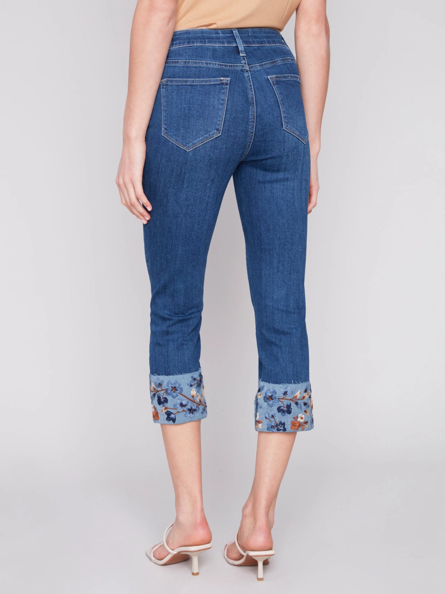 Cropped Jeans with Embroidered Cuff - Indigo