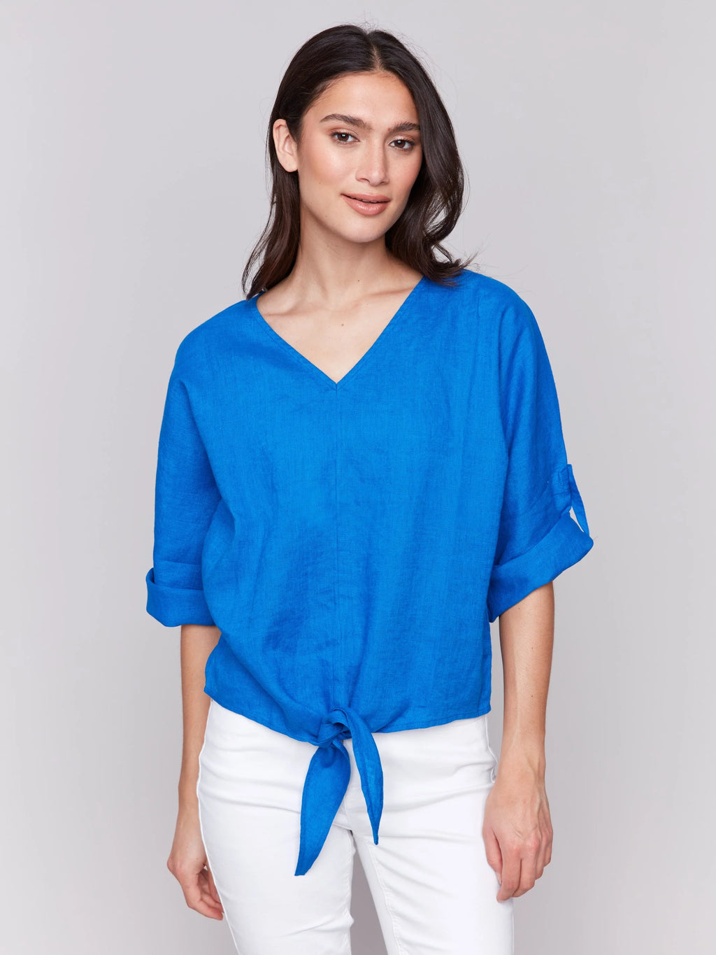 Linen Blend 3/4 Sleeve Top with Front Tie