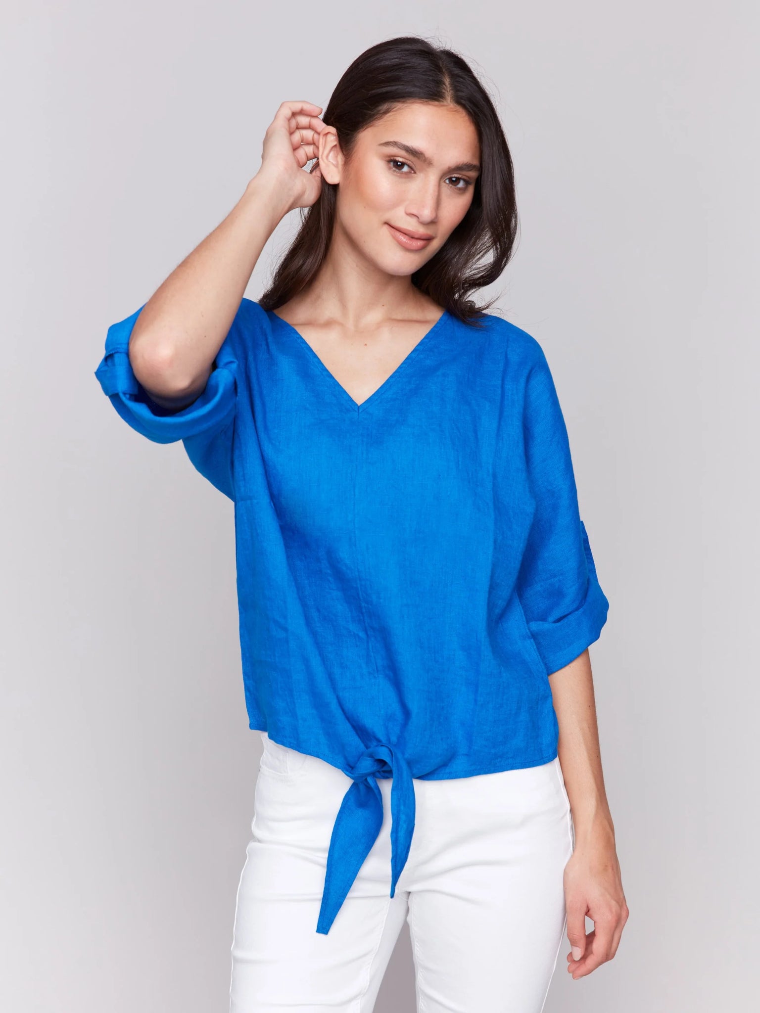 Linen Blend 3/4 Sleeve Top with Front Tie