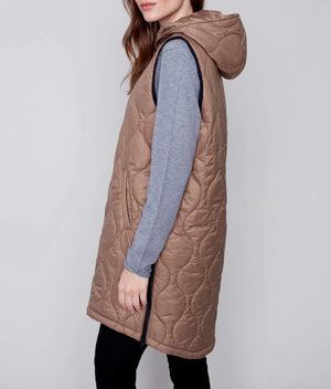 Long Quilted Puffer Vest with Hood | Truffle