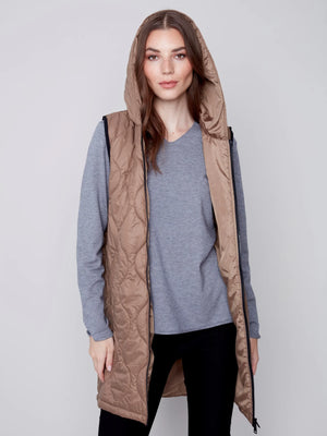 Long Quilted Puffer Vest with Hood | Truffle