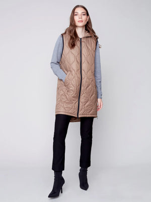 Long Quilted Puffer Vest with Hood