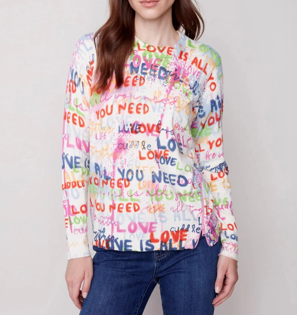 Printed Knit Sweater with Diagonal Zipper Detail - Multicolor