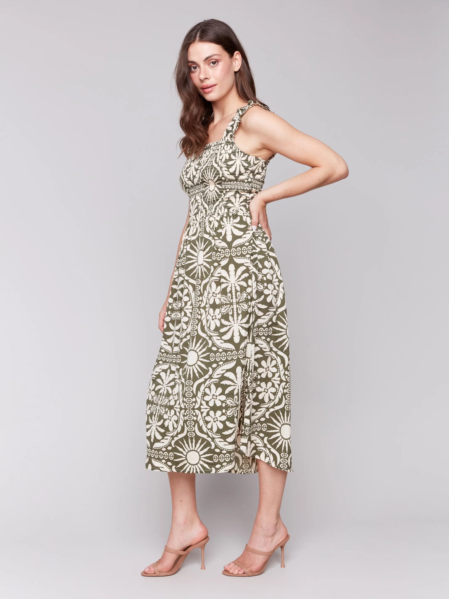 Printed Sleeveless Midi Dress with Shirring Detail