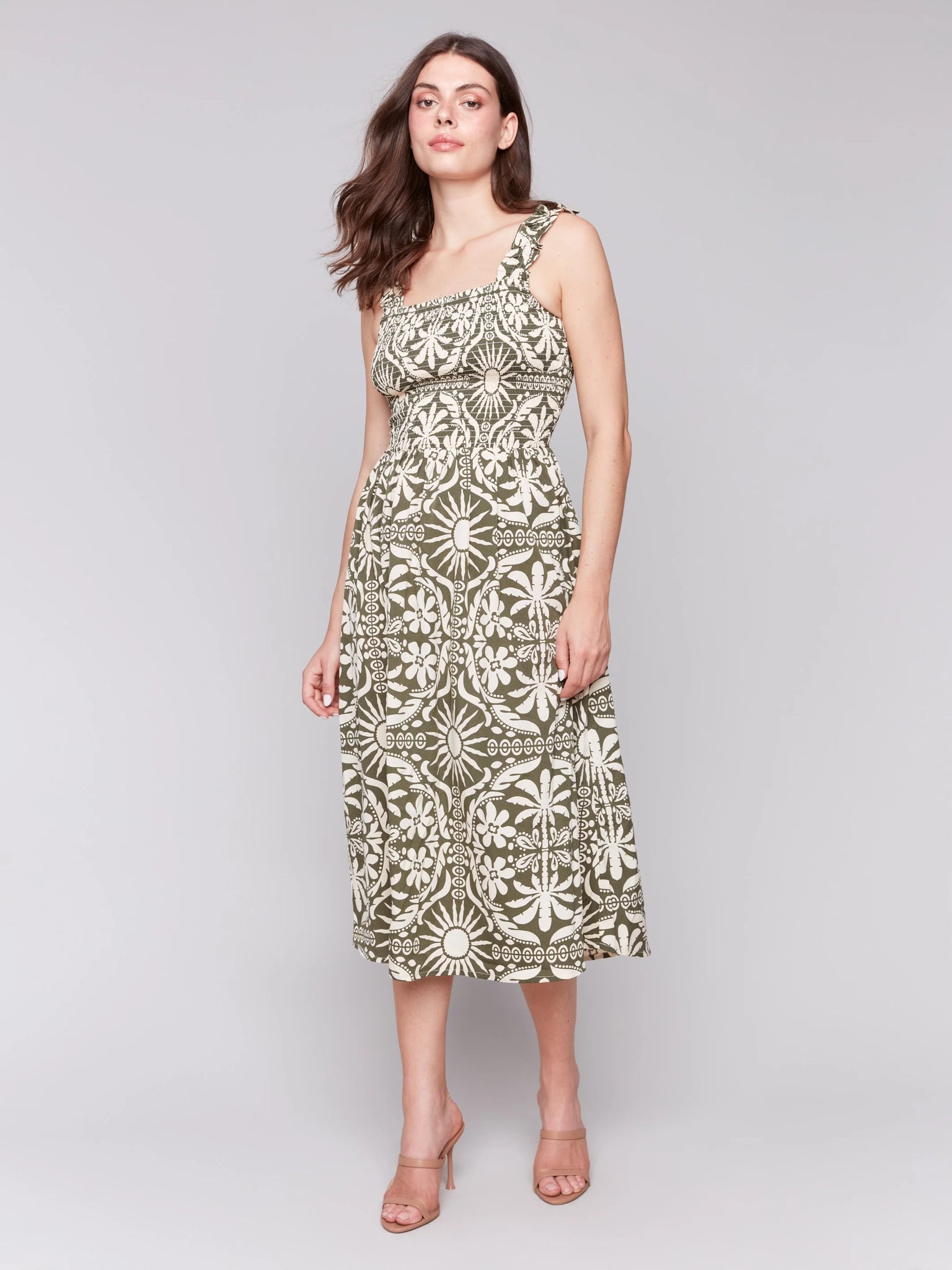 Printed Sleeveless Midi Dress with Shirring Detail