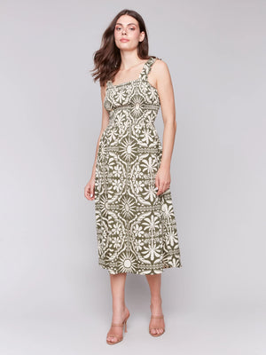 Printed Sleeveless Midi Dress with Shirring Detail