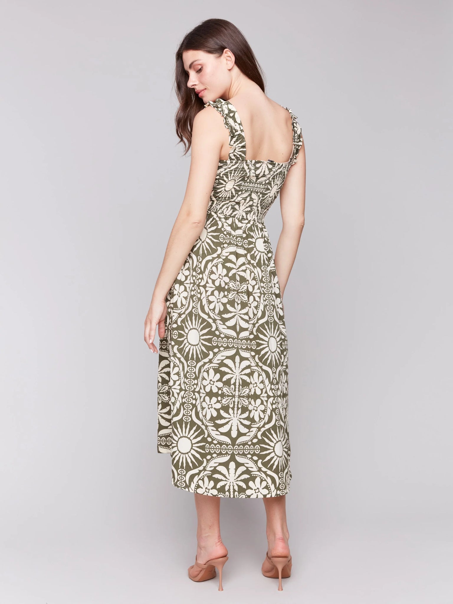 Printed Sleeveless Midi Dress with Shirring Detail