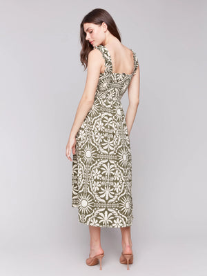 Printed Sleeveless Midi Dress with Shirring Detail