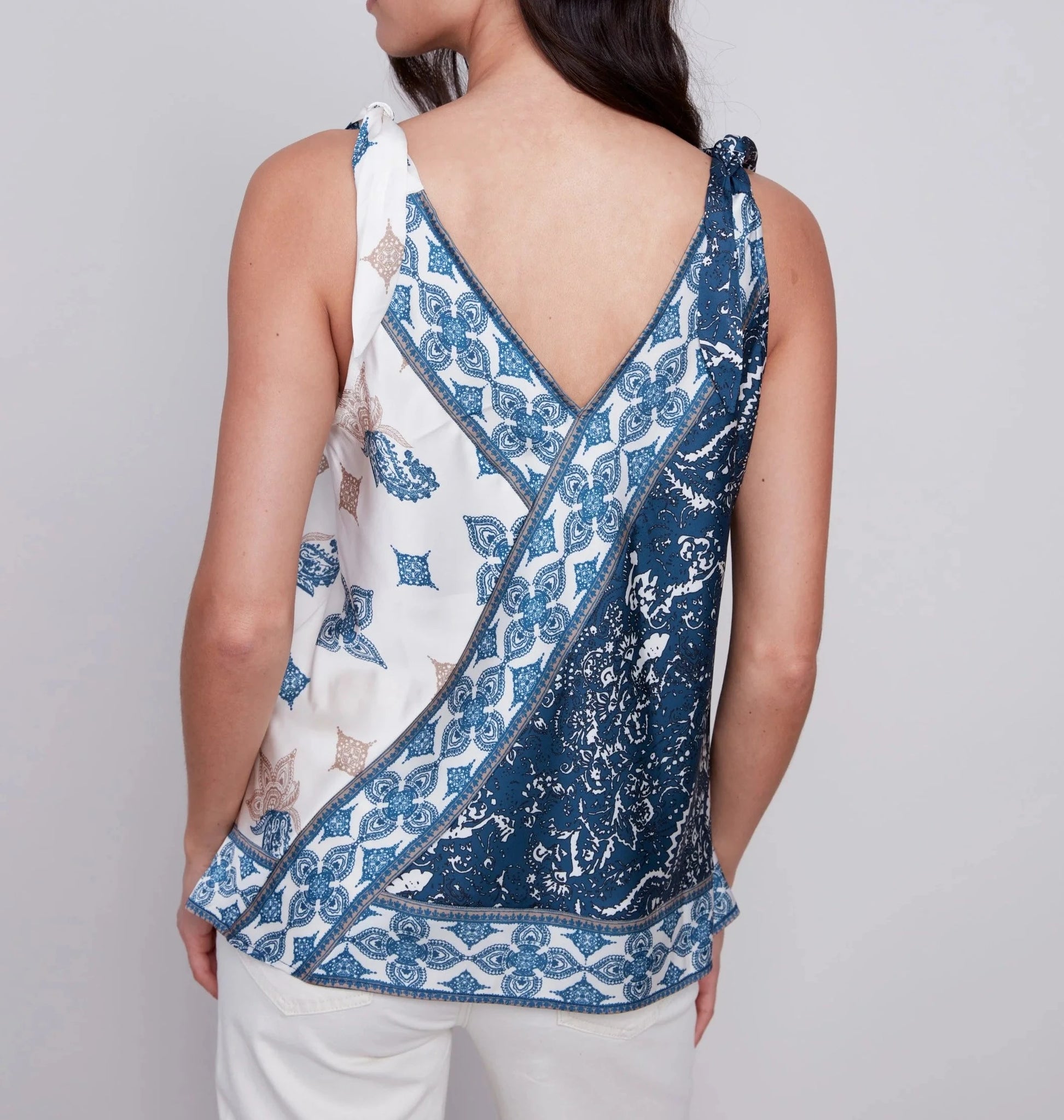 Printed Tie-Shoulder Satin Top - Paisley