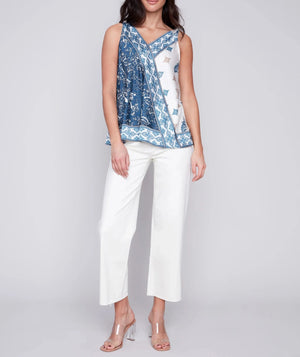 Printed Tie-Shoulder Satin Top - Paisley