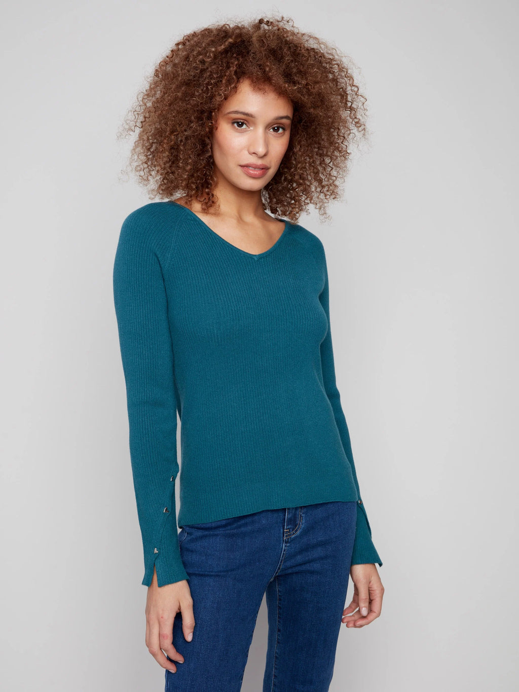 Ribbed V-Neck Sweater With Heart Rivets