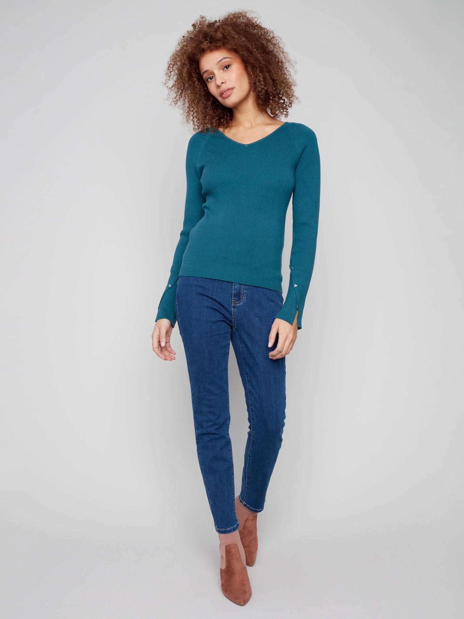 Ribbed V-Neck Sweater With Heart Rivets