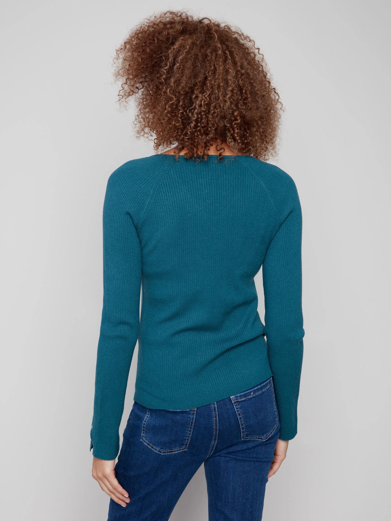 Ribbed V-Neck Sweater With Heart Rivets
