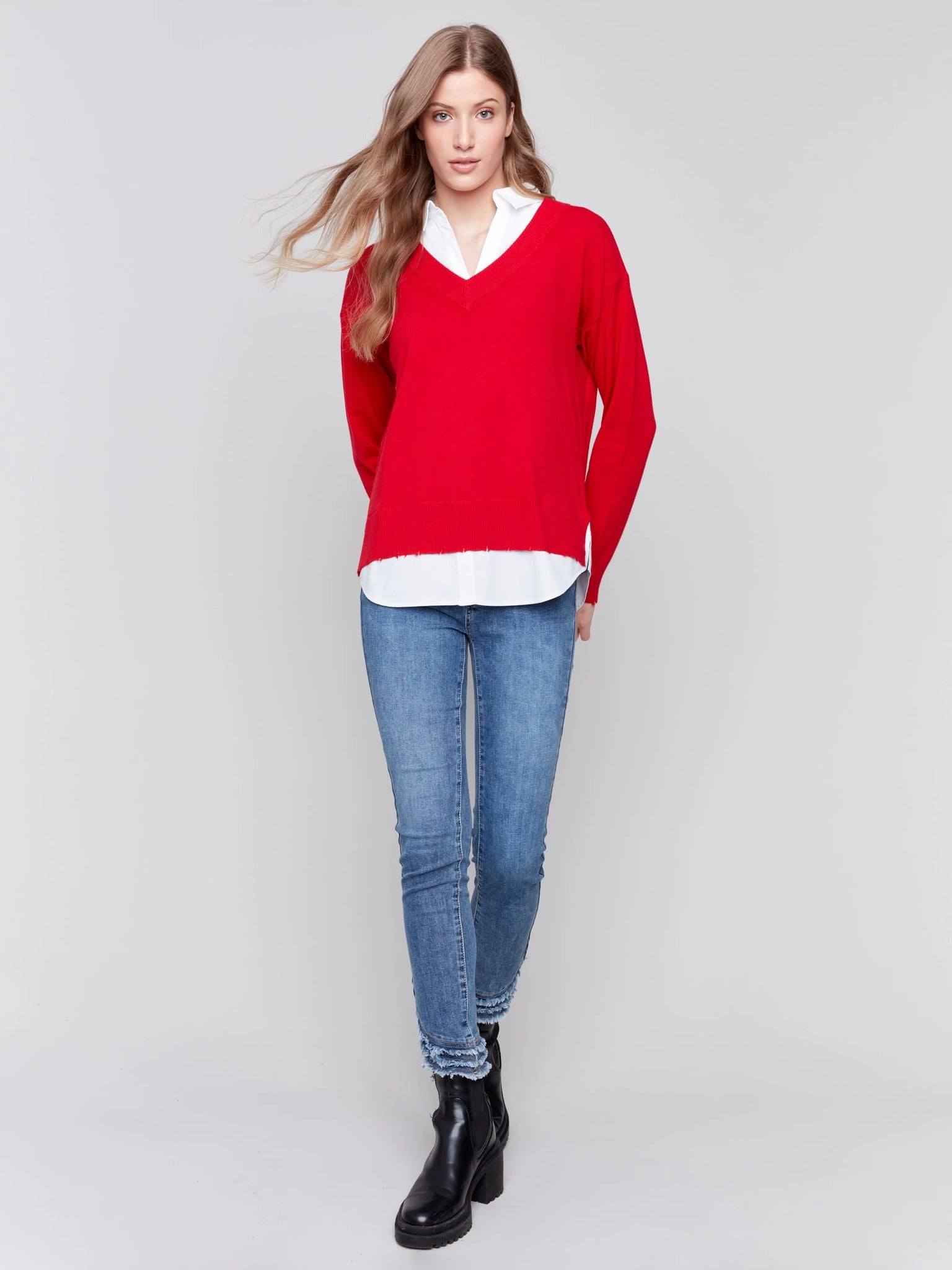 V-Neck Sweater with Shirt Collar