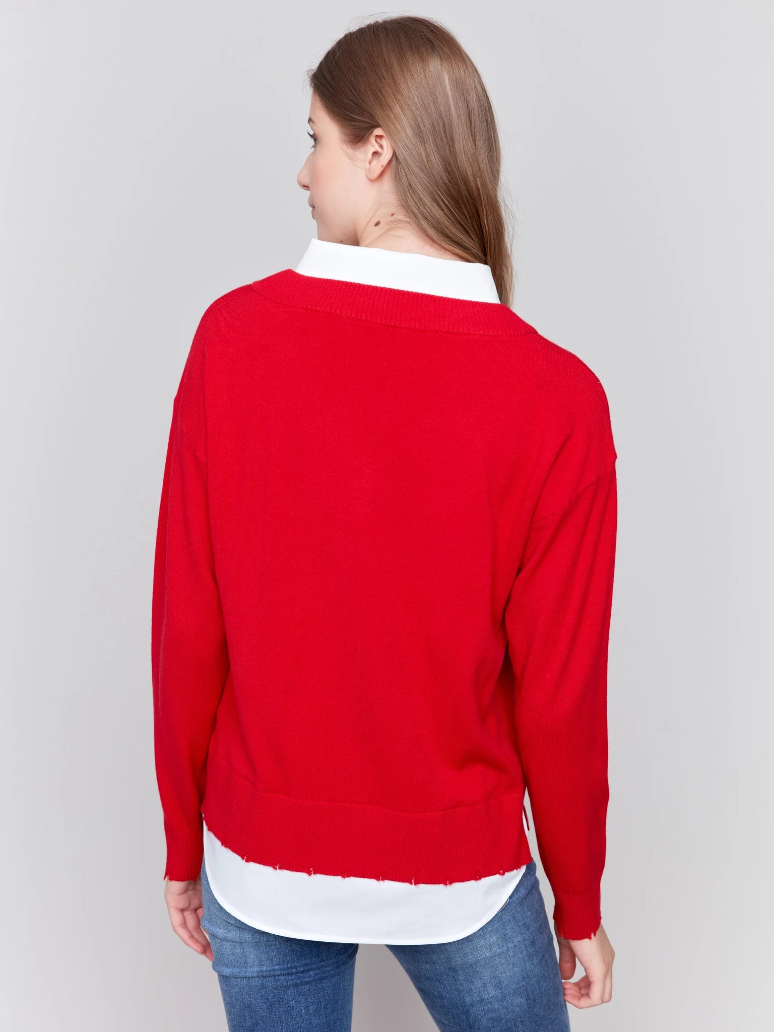 V-Neck Sweater with Shirt Collar