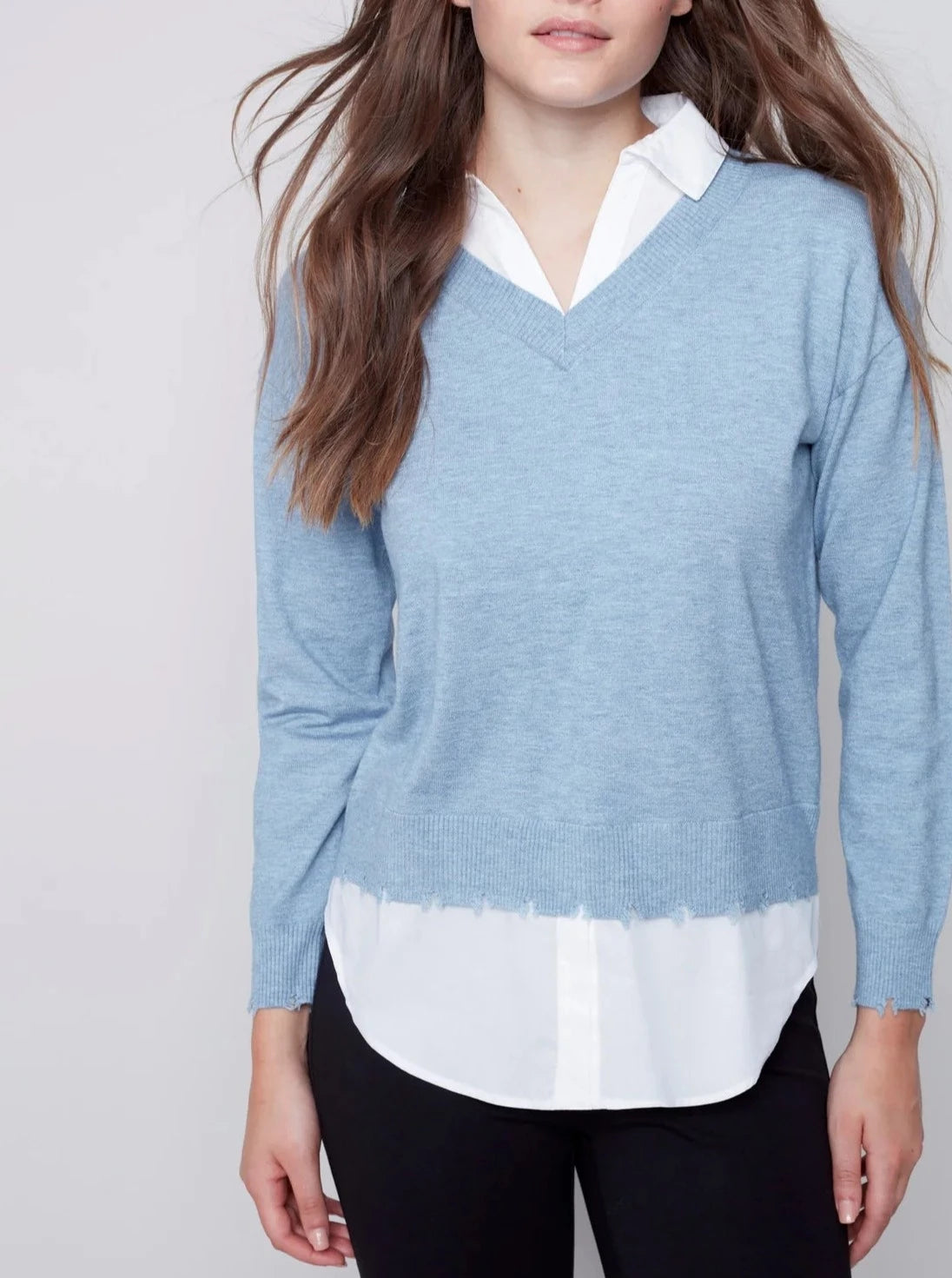 Crew neck sweater with collared shirt womens online