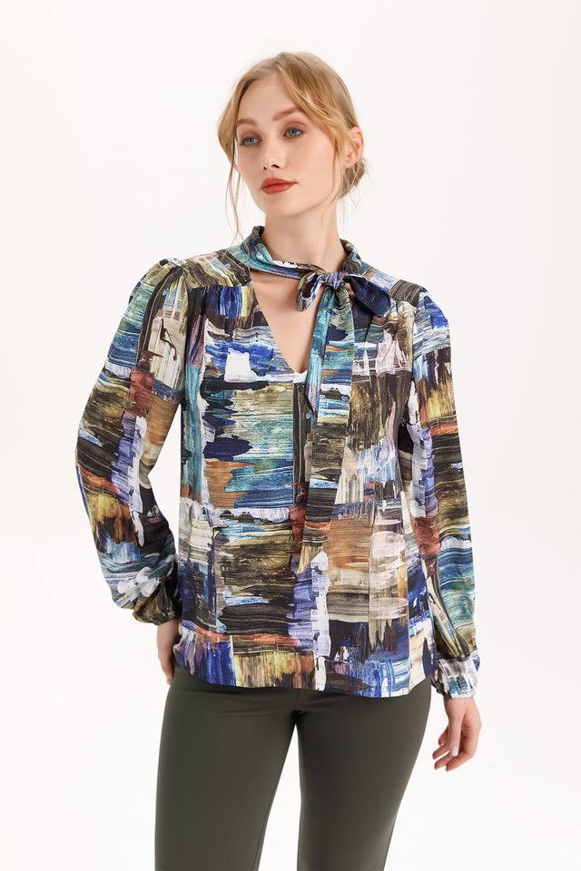 Long Sleeve Tie V-Neck Blouse