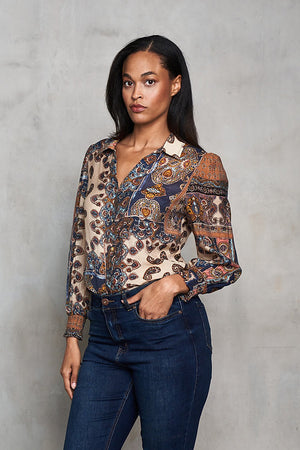 Voile Print Button LSlv Shirt w/Elastic Cuffs