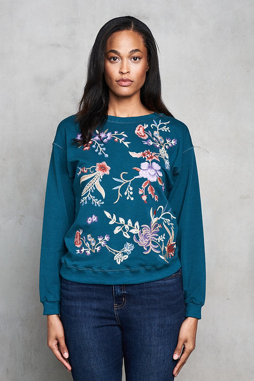 French Terry Multi-Floral Embroidered Top