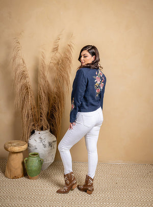 Slub Linen Blend Embroidered Moto Jacket