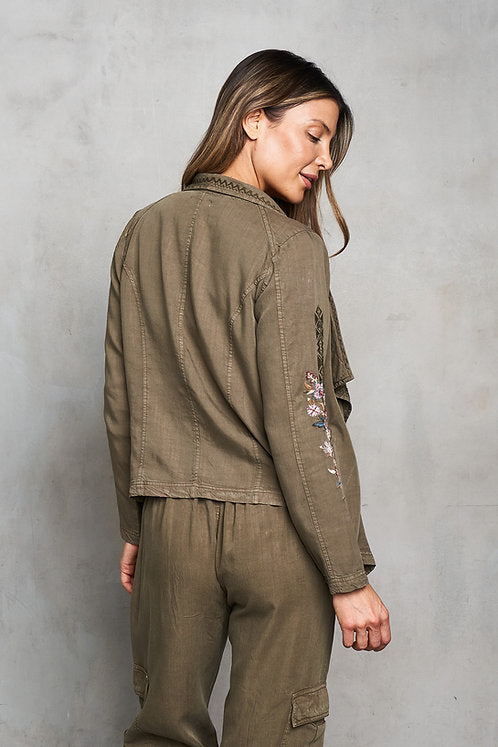 Tencel Embroidered Open Front Cardigan Jacket