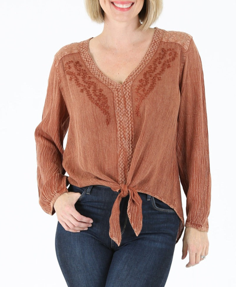 Tie Front Top With Lace Insert | Bombay Brown