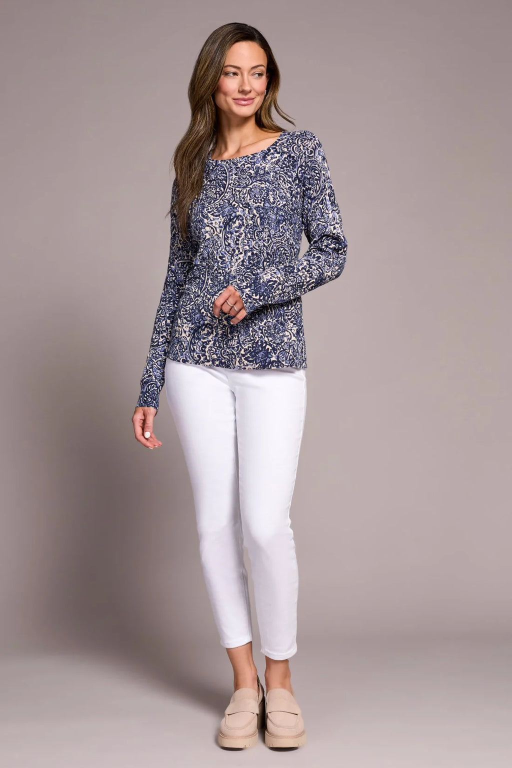 Printed Cable Cotton Crew Neck Sweater