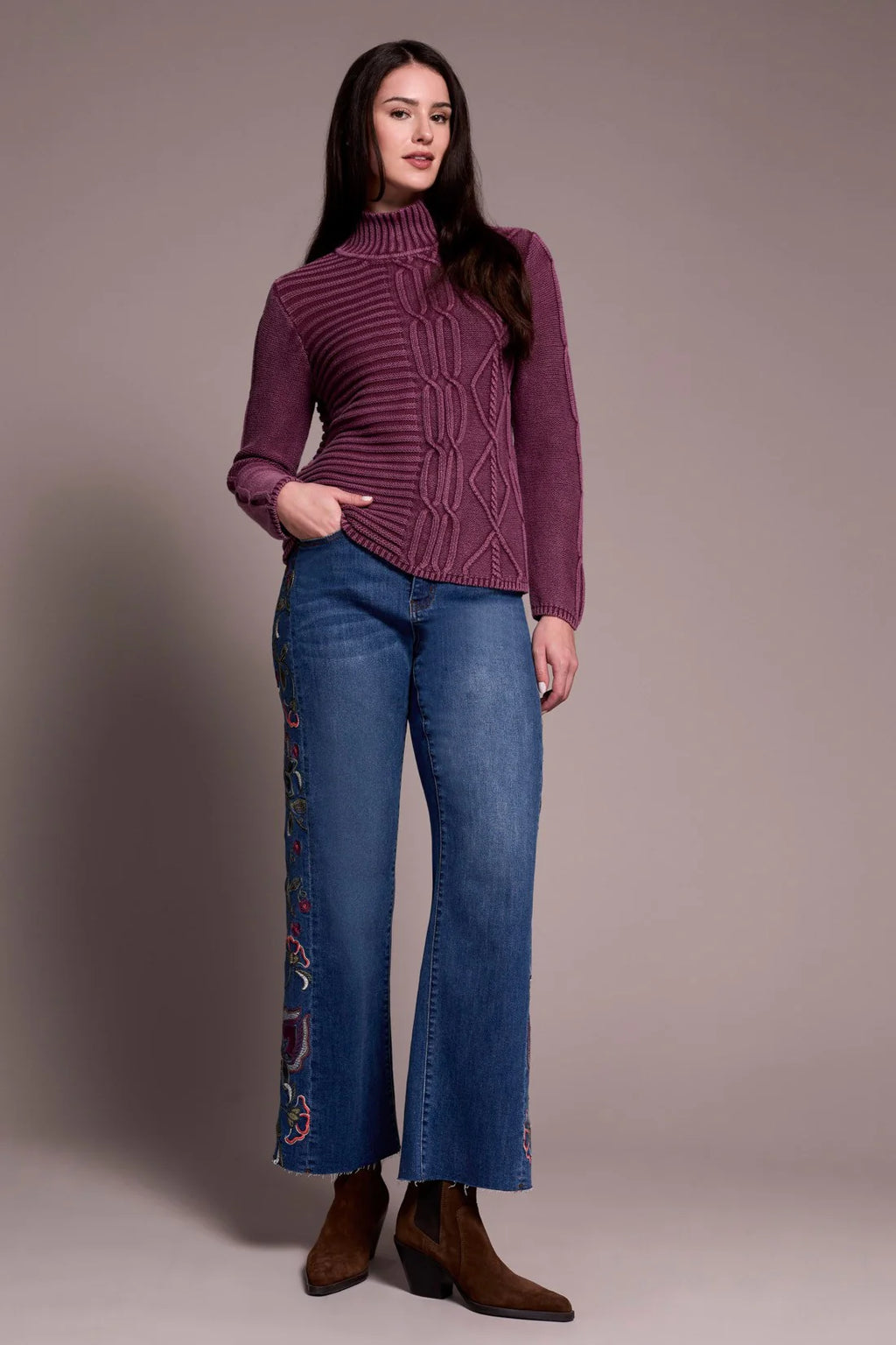 Vintage Washed Cable Knit Mock Neck Sweater