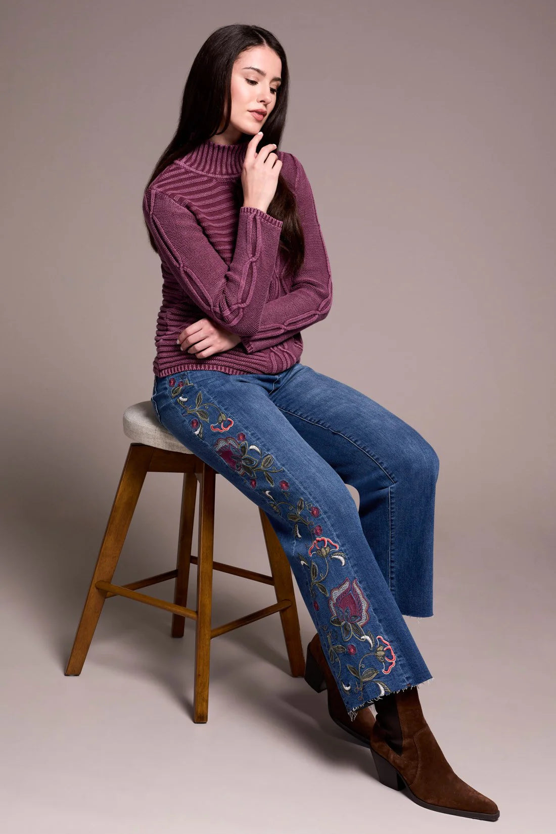 Vintage Washed Cable Knit Mock Neck Sweater