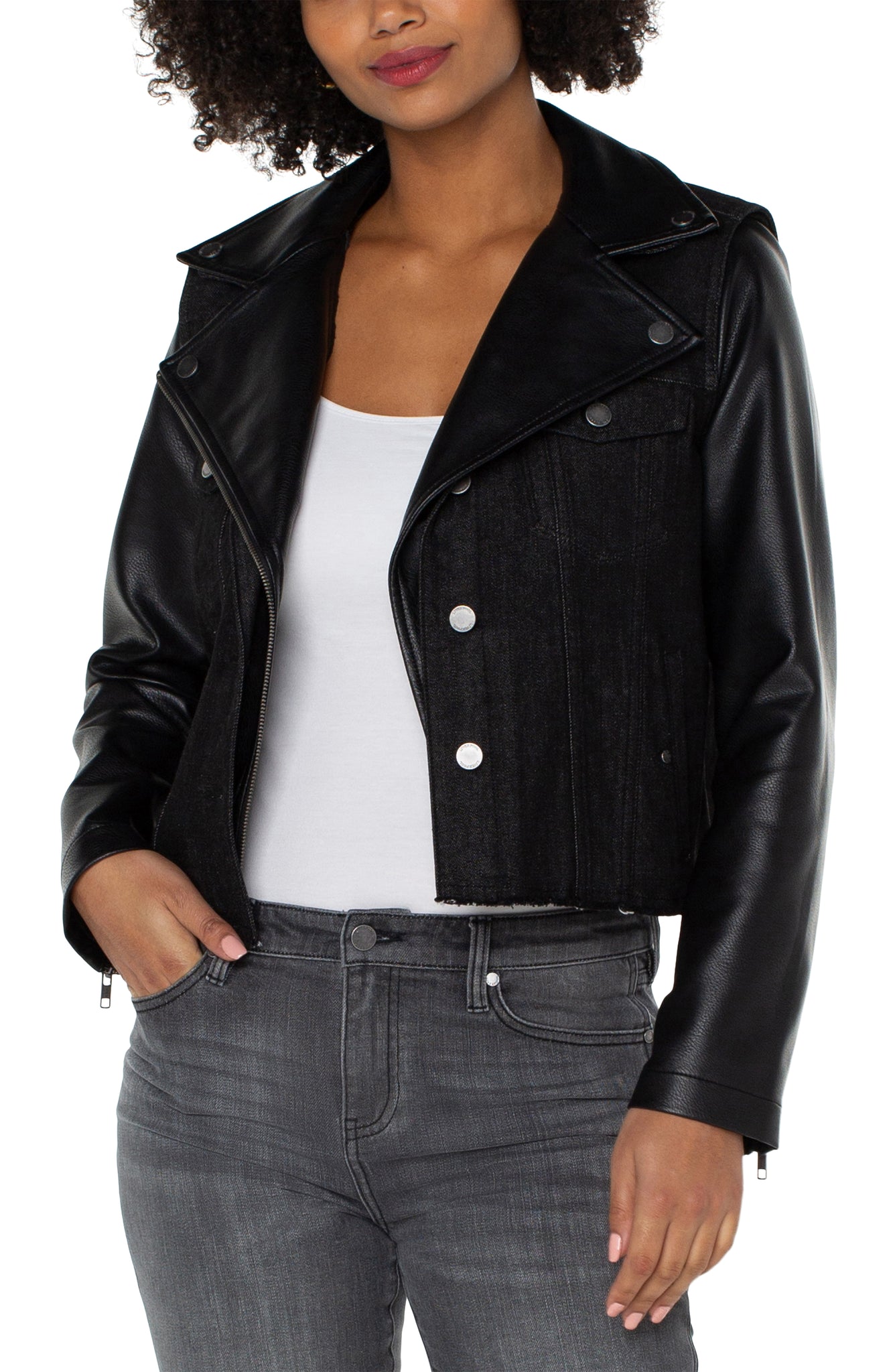 Faux Leather & Denim Moto Jacket | Black