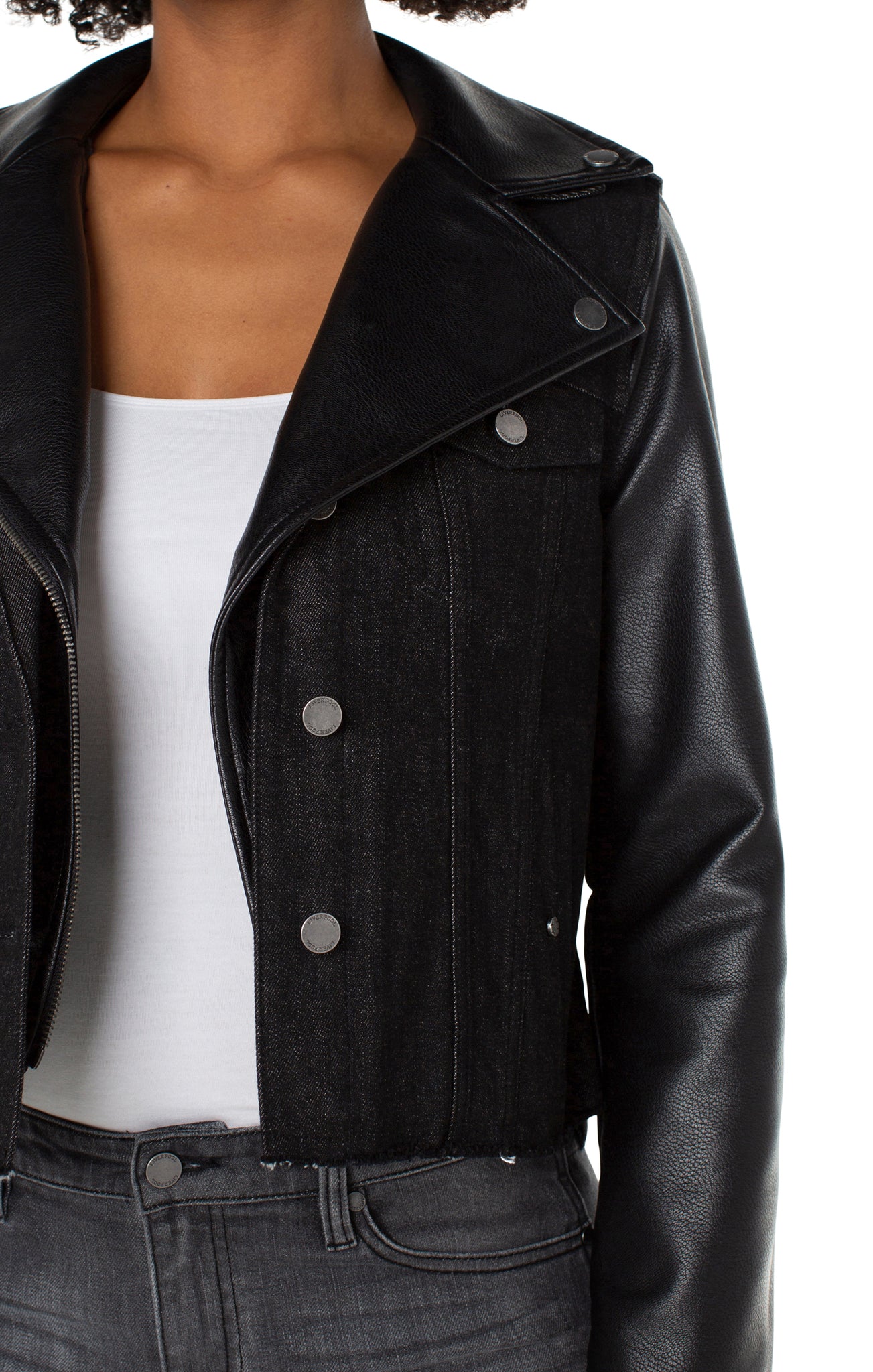 Faux Leather & Denim Moto Jacket | Black