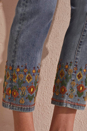 Audrey Pull On Straight Ankle Jeans With Beading