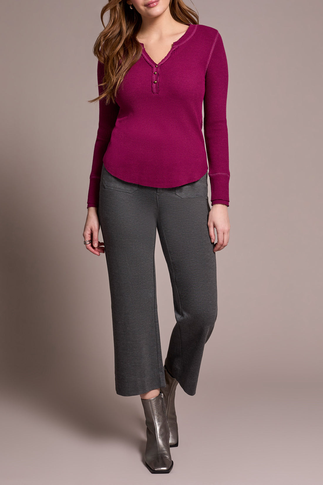 Brushed Waffle Knit Henley Long Sleeve Top