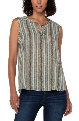 Sleeveless Tie Front Top | Green Striped