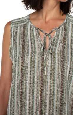 Sleeveless Tie Front Top | Green Striped