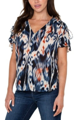 Shirred V-neck Top with Tie Detail | Navy Print