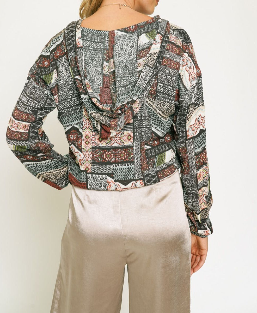 Patch Print Woven Hoodie Pullover