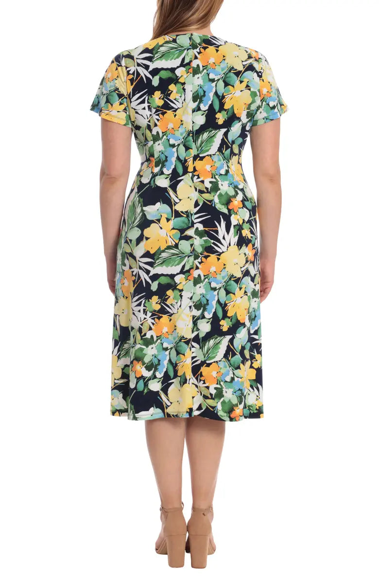 Floral Short Sleeve Ruched Midi Dress