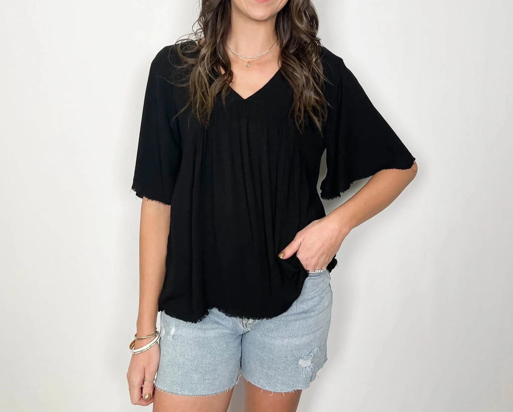 V neck Frayed top | Black