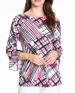 Print Flounce Sleeve Top | Pink White 