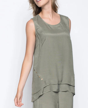 Button Trimmed Flared Tank | Sage