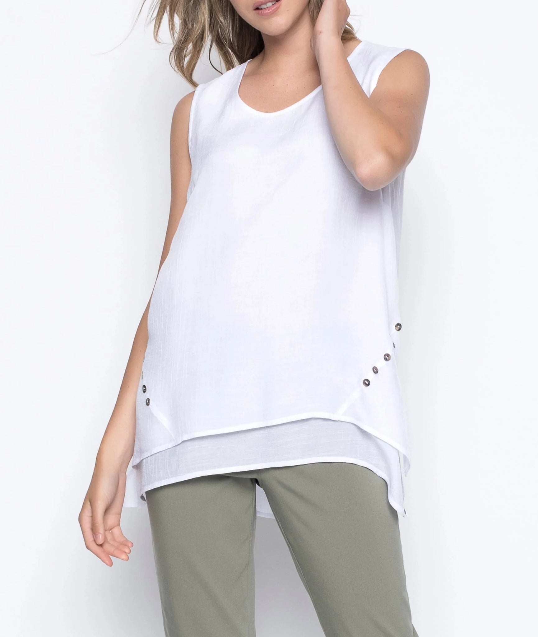 Button Trimmed Flared Tank | White