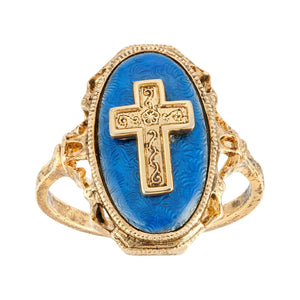 Sapphire Blue Enamel Oval Cross Ring