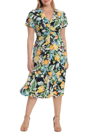 Floral Short Sleeve Ruched Midi Dress